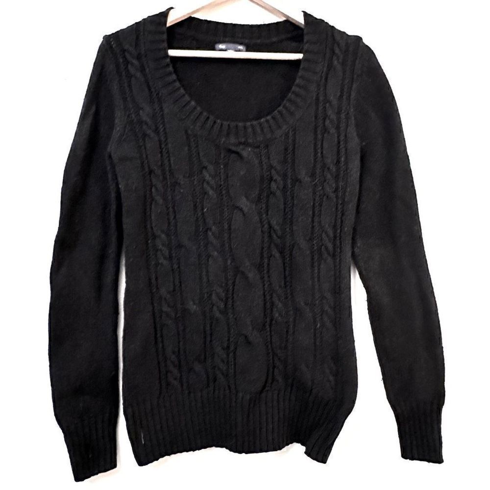 GAP Womens Pullover Sweater Scoop Neck Long Sleeve Cable Knitted Black Medium